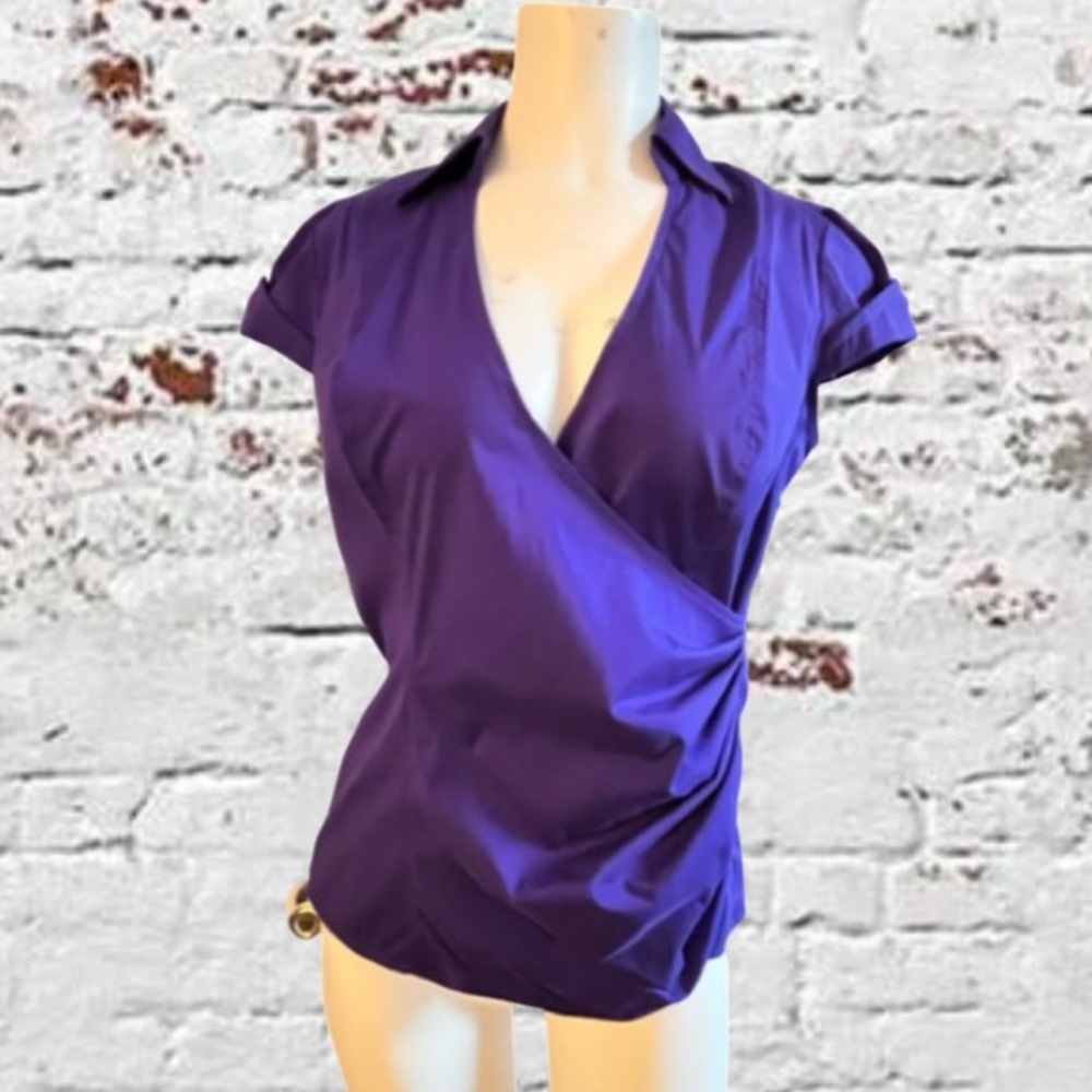 Express Purple Satin Wrap Blouse M Side Zip Collared V Neck Cap Sleeve Top
